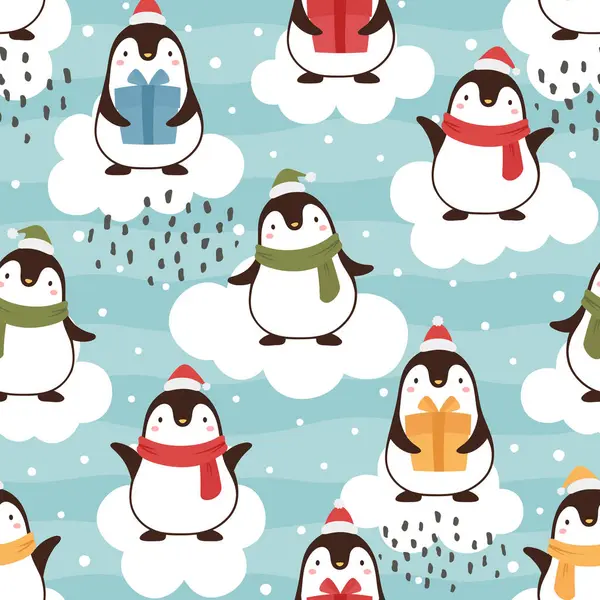 Christmas Seamless Pattern Penguins Gifts — Stock Vector