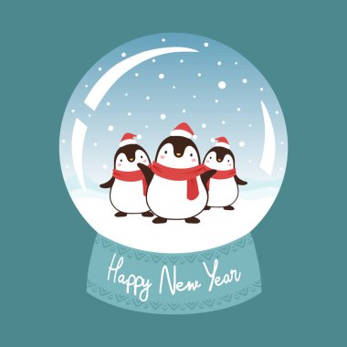 Mutlu yıllar penguenlerle dolu şirin bir Noel kartı.