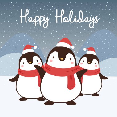 Mutlu tatiller Penguenli şirin noel kartı 