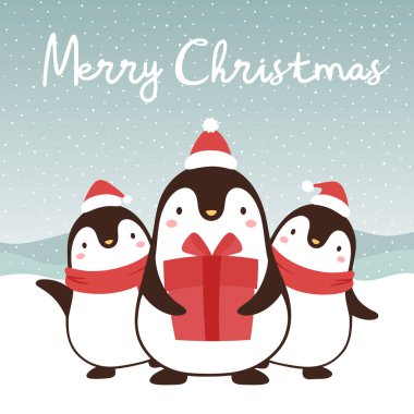 İçinde penguenler olan şirin bir Noel kartı. Mutlu Noeller.