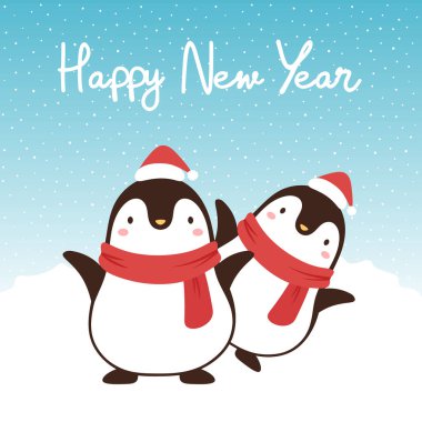 Mutlu yıllar penguenlerle dolu şirin bir Noel kartı.