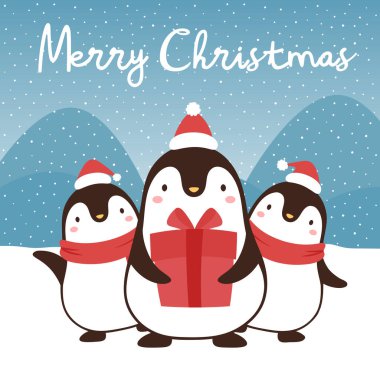 İçinde penguenler olan şirin bir Noel kartı. Mutlu Noeller.