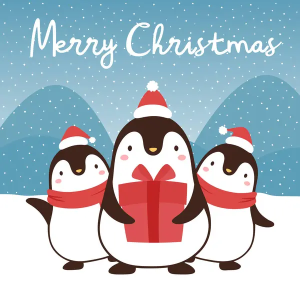 İçinde penguenler olan şirin bir Noel kartı. Mutlu Noeller.