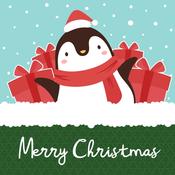 Cute Kartka Świąteczna Pingwinem Wesołych Świąt — Wektor stockowy