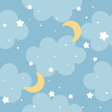 Moon, Clouds and Stars Cute Seamless Pattern, Cartoon Vector Illustration, Cute  Cartoon Drawn Background