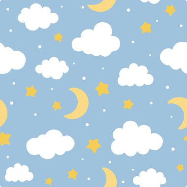 Moon, Clouds and Stars Cute Seamless Pattern, Cartoon Vector Illustration, Cute  Cartoon Drawn Background