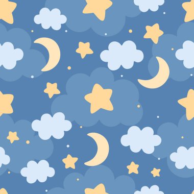 Moon, Clouds and Stars Cute Seamless Pattern, Cartoon Vector Illustration, Cute  Cartoon Drawn Background