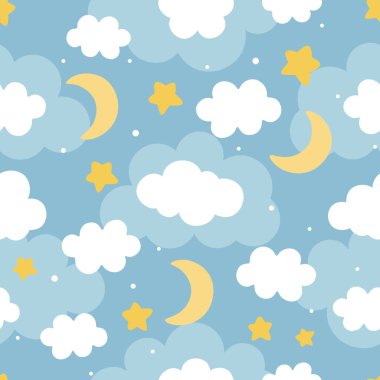 Moon, Clouds and Stars Cute Seamless Pattern, Cartoon Vector Illustration, Cute  Cartoon Drawn Background