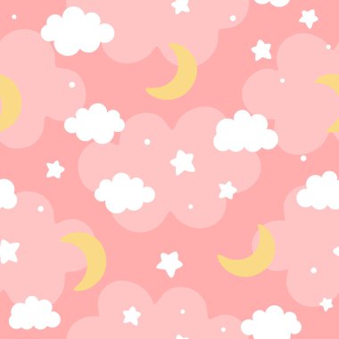 Moon, Clouds and Stars Cute Seamless Pattern, Cartoon Vector Illustration, Cute  Cartoon Drawn Background