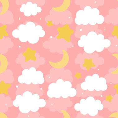 Moon, Clouds and Stars Cute Seamless Pattern, Cartoon Vector Illustration, Cute  Cartoon Drawn Background