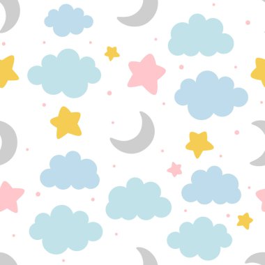 Moon, Clouds and Stars Cute Seamless Pattern, Cartoon Vector Illustration, Cute  Cartoon Drawn Background, Isolated Background