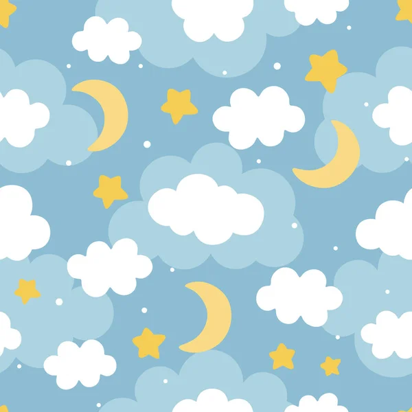 Moon Clouds Stars Cute Seamless Pattern Cartoon Vector Illustration Cute — Stock Vector