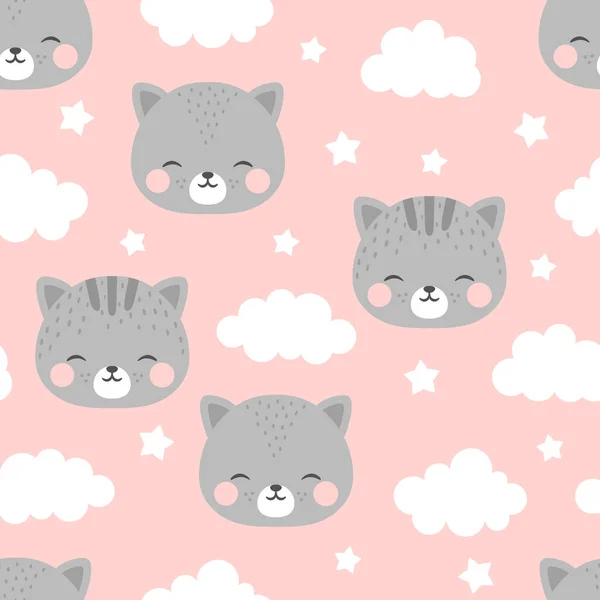 Koty Cute Chmury Bezszwowy Wzór Bazgroły Kot Zwierzęta Tło Kotek — Wektor stockowy