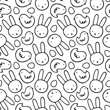 Çizgi film Tavşanları ve Şirin Piliçler Kusursuz Şablon, Paskalya Vektörü Çizimi      