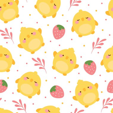 Piliçler kusursuz kalıplar, tatlı piliçler ve çilekler, Vektör illüstrasyonu  