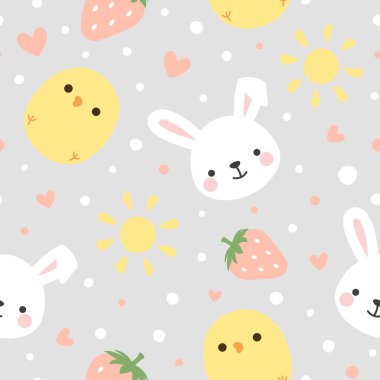 Çizgi film Tavşanları ve Şirin Piliçler Kusursuz Şablon, Paskalya Vektörü Çizimi      