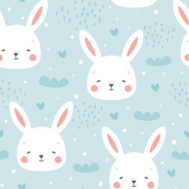 Tavşanlar ve bulutlar Kusursuz Düzen Arkaplanı, Bulutlu Mutlu Tavşanlar. Çizgi film tavşanları vektör çizimi    