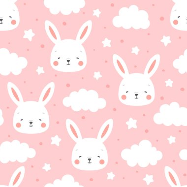 Tavşanlar ve bulutlar Kusursuz Düzen Arkaplanı, Bulutlu Mutlu Tavşanlar. Çizgi film tavşanları vektör çizimi    