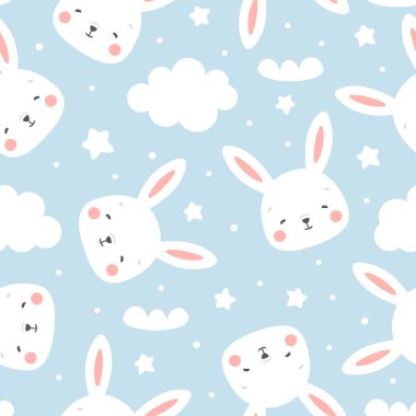 Tavşanlar ve bulutlar Kusursuz Düzen Arkaplanı, Bulutlu Mutlu Tavşanlar. Çizgi film tavşanları vektör çizimi    