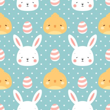 Tavşanlar ve civcivler Kusursuz Düzen Arkaplanı, Piliçlerle Mutlu Tavşanlar, Paskalya. Çizgi film hayvanları vektör illüstrasyonu     
