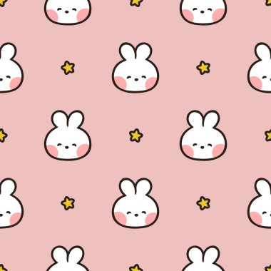 Kusursuz şirin desenler, çizgi film arkaplanı, tavşanlar ve yıldızlar.