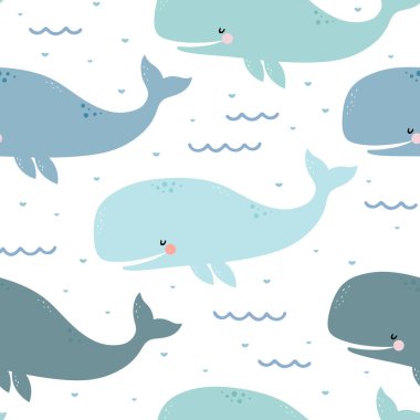 yaratıcı karikatür çizimi. Okyanus sularındaki balinaların kusursuz deseni 