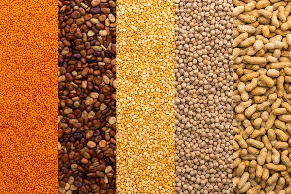 stock image Different types of legumes, chickpeas and lentils, peanuts and yellow peas and beans , top view