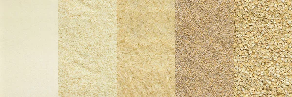 様々な穀物のバナー トップビュー セモリナと米 小麦やオート麦 — ストック写真