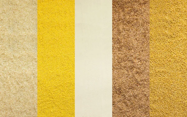 穀類の旗 トップビュー 白米とキビ セモリナと小麦のグリット クスクス — ストック写真