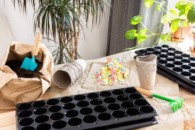 Domates tohumlarını plastik formlarda ekme süreci ve turba çevre dostu formlar, toprak, bahçe malası ve tırmıkla dolu bir çanta, bahçeye iş ekme hazırlığı, eve tohum ekme.