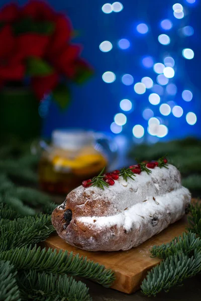 Christmas Cake Stollen Decorated Rosemary Pomegranate Berries Close Christmas Tree — Stock Photo, Image