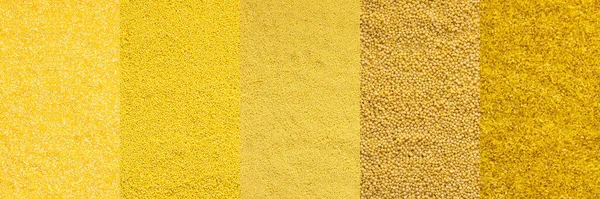 Различные Зерновые Баннеры Вид Сверху Кукурузная Пшеничная Крупа Кускус Болгур — стоковое фото