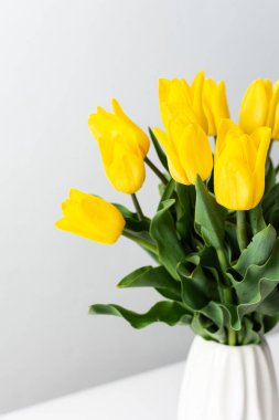 Beyaz bir masadaki beyaz vazoda sarı lale buketi, doğum günü ya da tatil için şenlikli buket.