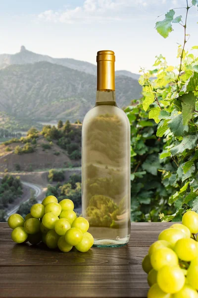 View of mountains and vineyards through a bottle of white wine, bottle of white wine with grapes on the background of vineyards and grapevine