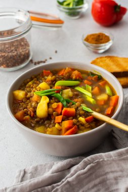 Sağlıklı vejetaryen yemekleri, domatesli kahverengi mercimek çorbası ve havuç, yeşil soğan, patates ve baharat, kızarmış kıtır ekmek, üst görüş.