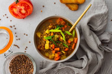 Sağlıklı vejetaryen yemekleri, domatesli kahverengi mercimek çorbası ve havuç, yeşil soğan, patates ve baharat, kızarmış kıtır ekmek, üst görüş.