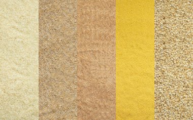 Çeşitli tahıl gevreği afişleri, üst manzara, beyaz pirinç ve buğday ezmesi, kuskus ve yulaf