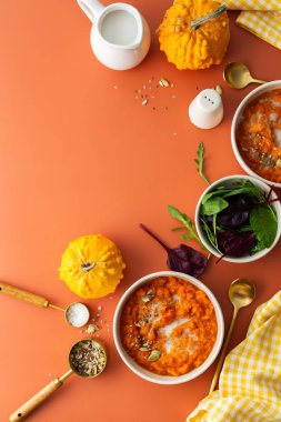 Healthy lunches, delicious pumpkin cream soup with sunflower and pumpkin seeds, sesame and flax and with coconut milk, mix salad, top view