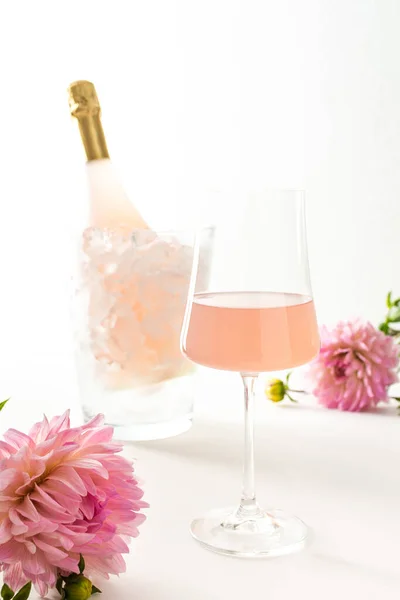 A glass with rose sparkling wine surrounded by dahlias, a bottle of rose sparkling wine is chilled in a glass bucket with ice