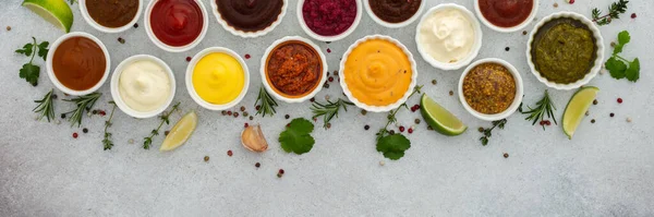 Different Types Sauces Bowls Seasonings Banner Rosemary Pepper Thyme Garlic — Stock Photo, Image