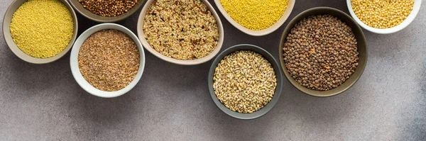 Varios Cereales Grano Banner Cuencos Vista Superior — Foto de Stock