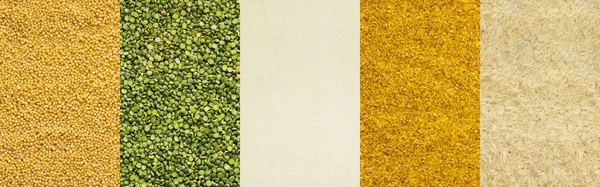 Различные Зерновые Баннеры Вид Сверху Кускус Зеленый Горох Манная Крупа — стоковое фото