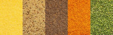 Çeşitli tahıl gevreği afişleri, üst manzara, mısır ezmesi ve pirinç, kahverengi ve turuncu mercimek, yeşil bezelye