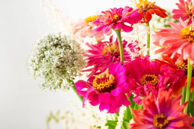 Renkli Zinnia buketi, soğan ve nane filizi, duvarın yanındaki masada bir buket çiçek, çiçeklerle süslenmiş ev dekorasyonu.