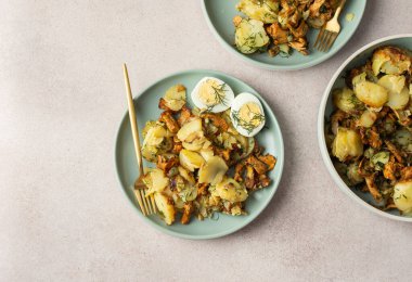 Lezzetli, doyurucu yemekler ya da öğle yemekleri, orman mantarlı kızarmış patates dereotlu Chanterelles, haşlanmış yumurta, mevsimlik yiyecek.