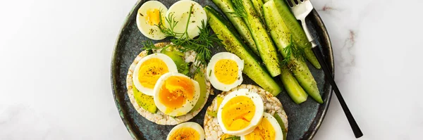 Healthy Breakfasts Banner Rice Cakes Avocado Boiled Eggs Dill Cucumber — Stock Photo, Image