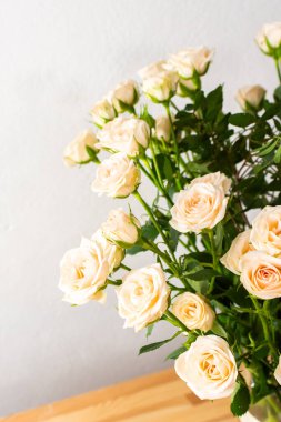Yakından bir buket narin krema gülleri, çiçeklerle süslenmiş ev dekorasyonu, doğum günü ya da düğün için bir buket gül.