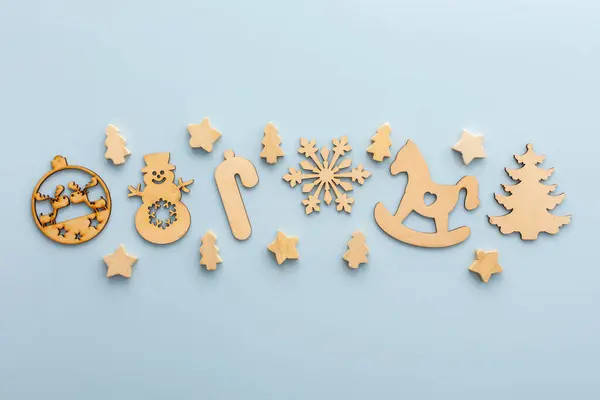 Natural Wooden Christmas Toys Blue Background Merry Christmas Happy New — Stock Photo, Image