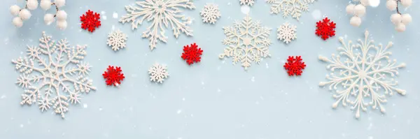 White Red Snowflakes Rowan Branches Blue Background Christmas Background Merry — Stock Photo, Image