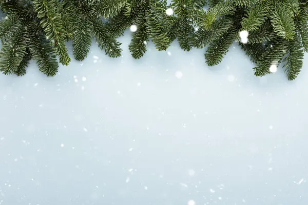 Gałęzie Zielonego Świerku Niebieskim Tle Śniegu Wesołych Świąt Szczęśliwego Nowego — Zdjęcie stockowe
